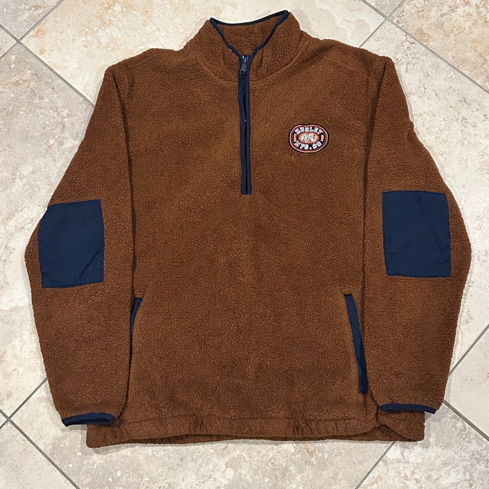 Vintage‎ Hurley Sherpa Fleece Jacket Men L Brown Long Sleeve Faux Fur 1/4 Zip